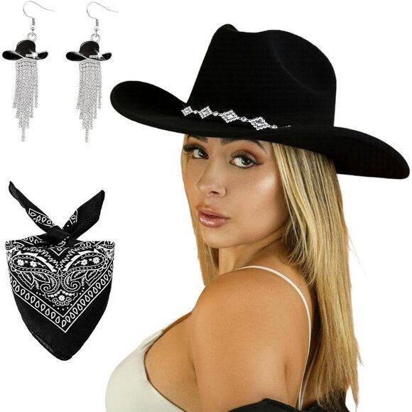 Western Cowgirl Hat Felt Wide Brim Rhinestone with Bandana and Earrings